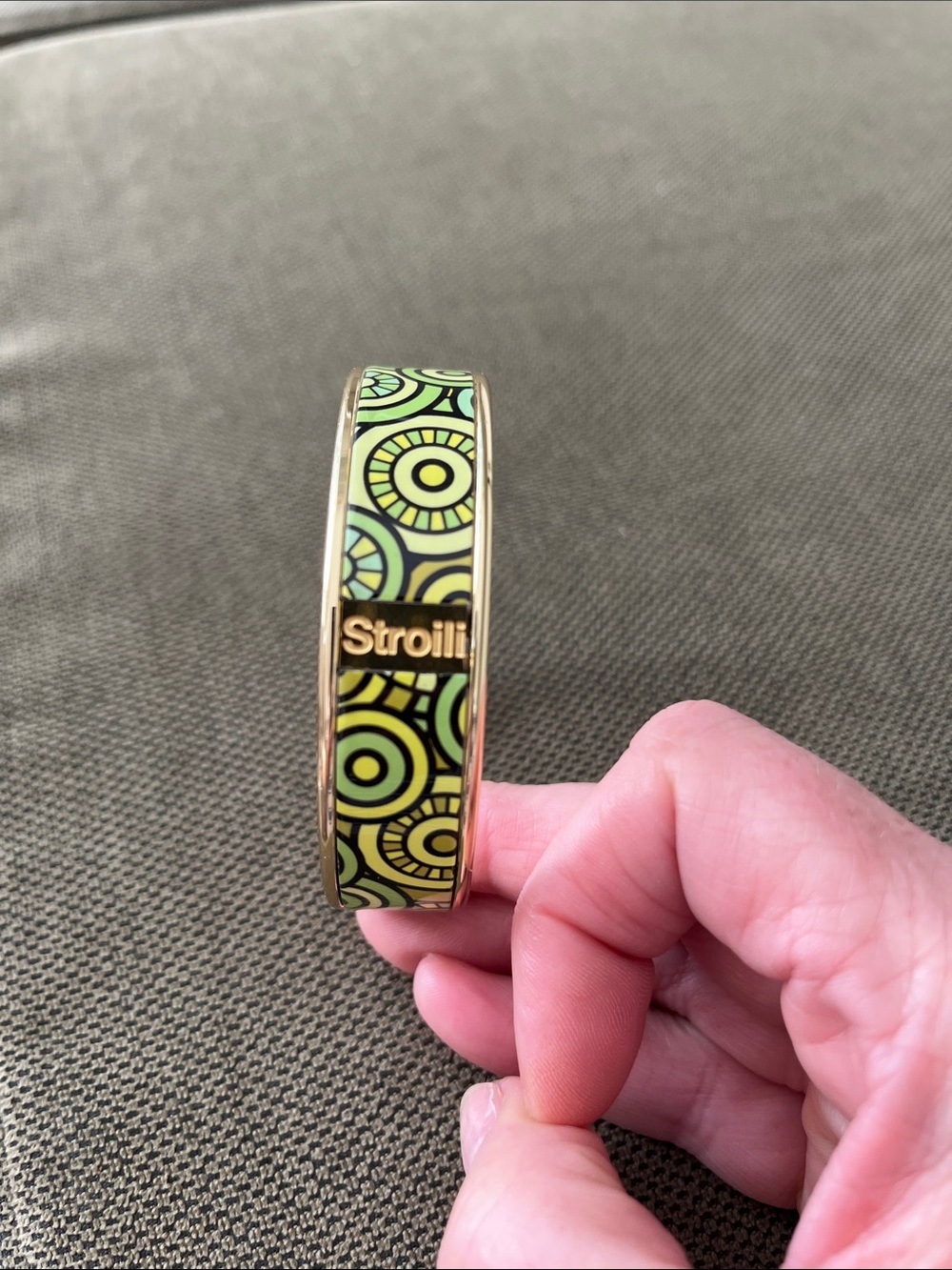 Gold-Tone Green Patterned Stroili Enamel Bangle Bracelet